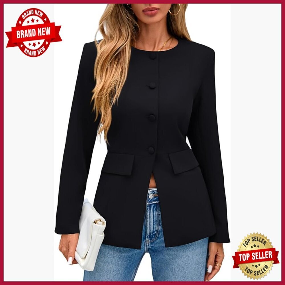 Long Sleeve Crewneck Blazer with Pockets, Slim Fit Office Jacket